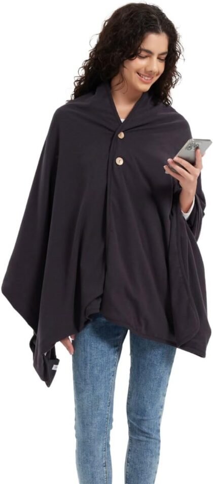 Radia Smart Stay Cozy and Protected Silver Lined EMF Protection 100% Organic Cotton Poncho Wrap Wearable Blanket RF Radiation Shielding WiFi Blocker Protection Clothing 71.1 cm x 182.9 cm Black