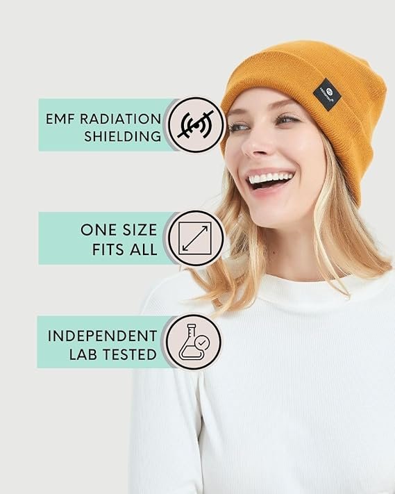 Radia Smart® EMF Protection Winter Beanie 5G RF Shielding WiFi Protection Brain Coat Grey/Yellow (US, Alpha, One Size, Medium, Yellow), gelb, M/Einheitsgröße – Bild 2