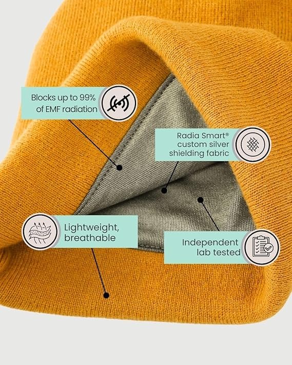 Radia Smart® EMF Protection Winter Beanie 5G RF Shielding WiFi Protection Brain Coat Grey/Yellow (US, Alpha, One Size, Medium, Yellow), gelb, M/Einheitsgröße – Bild 6