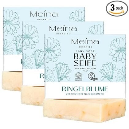 Meina Naturkosmetik - Bio Kinderseife, Baby Seife für empfindliche Haut, Naturseife mit Ringelblume ohne Palmöl, Zertifiziert, Vegan, Nachhaltig, Handgemacht, Wie ein festes Duschgel - 100g