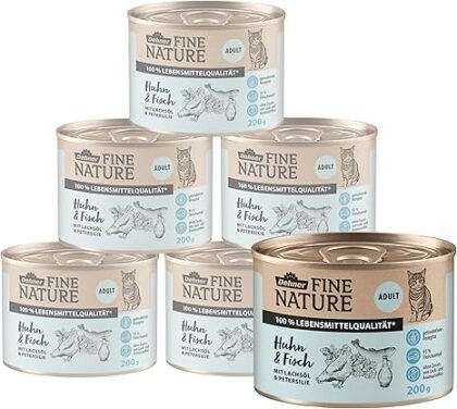 Dehner Fine Nature Katzenfutter, Nassfutter getreidefrei, für ausgewachsene Katzen, Huhn / Fisch, 6 x 200 g Dose (1.2 kg)