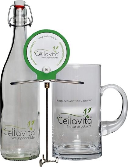 Cellavita – Wasserwirbler für Hexagonwasser 3er Set – Handwirbler mit 1L Glasflasche & Krug – Wasserverwirbler für Herstellung von belebtem & vitalisiertem Wasser durch veränderte Hexagonstruktur