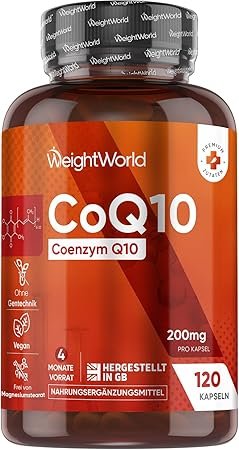 Coenzym Q10-200mg pro Kapsel - 120 vegane CoQ10 Kapseln - 4 Monate Vorrat - 1 Kapsel pro Tag - Frei von Magnesiumstearat, Ohne Gentechnik & Gemäß GMP - q 10 coenzym (als Ubichinon) - Von WeightWorld
