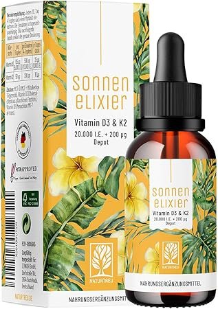 NATURTREU® Vitamin D3 K2 Tropfen hochdosiert & vegan - 20.000 I.E Vitamin D3 + K2 MK7 200 mcg pro Dosis (Depot)
