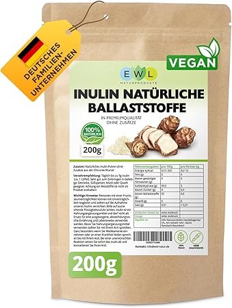 Inulin Pulver, 200g in Deutschland kontrolliert und abgefülltes Qualitätsprodukt, aus der Chicoree-Wurzel, Ballaststoffpulver Inulinpulver, Laborgeprüfte Qualität