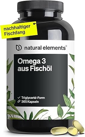 natural elements Omega 3 – 365 Kapseln – 2000mg Fischöl pro Tagesdosis – mit EPA und DHA in Triglycerid-Form – Laborgeprüft, aufwendig aufgereinigt und aus nachhaltigem Fischfang