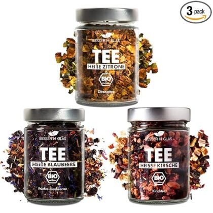 Besser im Glas Bio Tee Set | 3er Früchtetee Set | 150 Portionen loser Tee natürlich süß ohne Zucker | Tee Set nachhaltig | Tee Geschenk lose & vegan